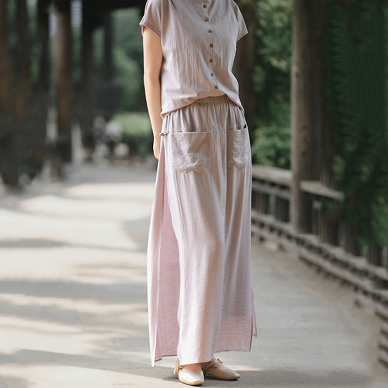 Conjunto de dos piezas de camisa de manga corta con botones y falda con bolsillos de algodón para meditación de mujer con Buddha Stones - image 4