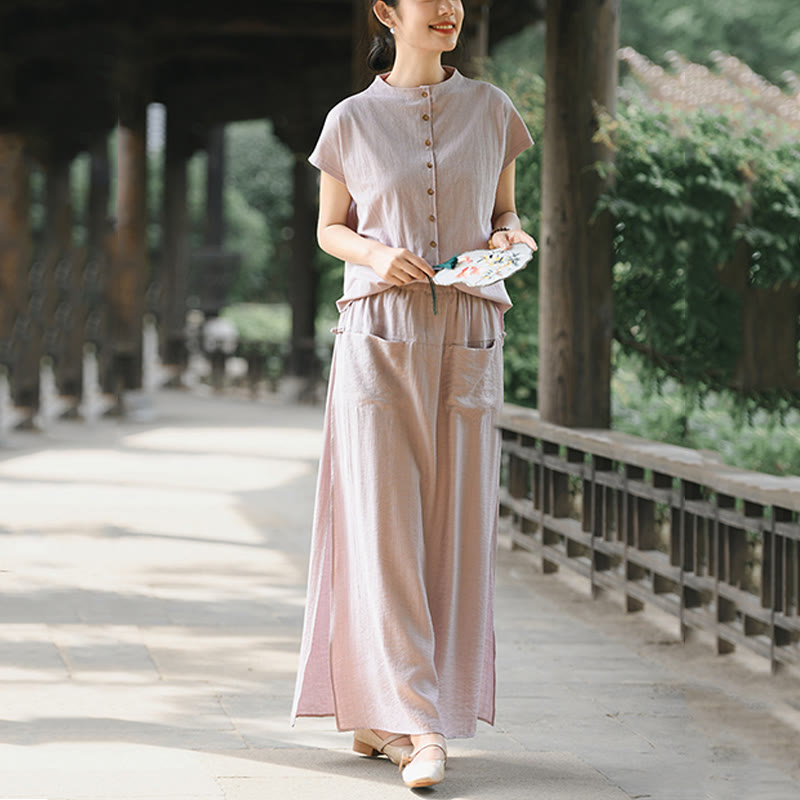 Conjunto de dos piezas de camisa de manga corta con botones y falda con bolsillos de algodón para meditación de mujer con Buddha Stones - image 3