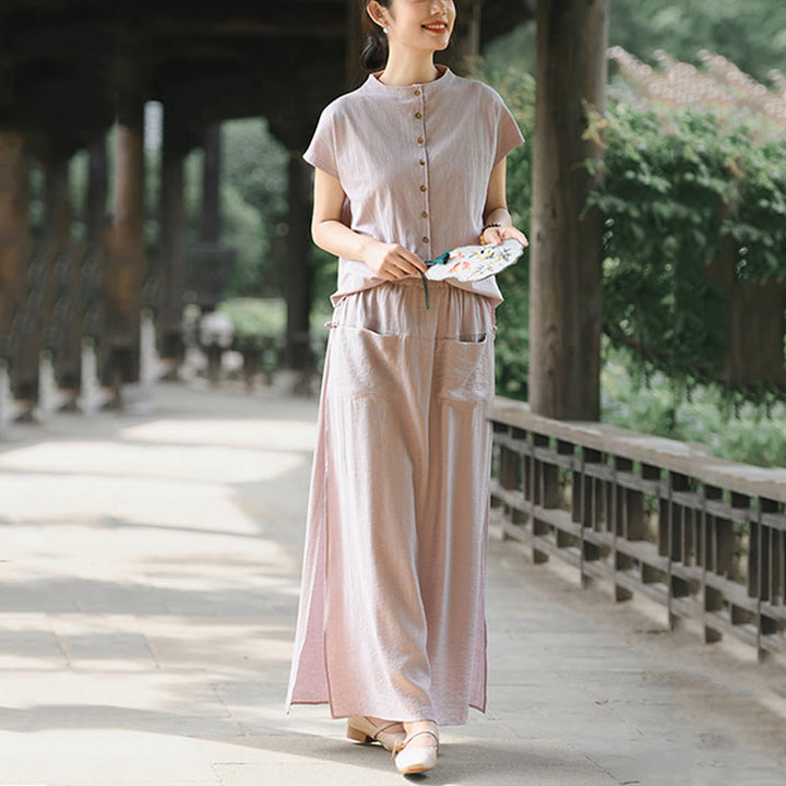 Conjunto de dos piezas de camisa de manga corta con botones y falda con bolsillos de algodón para meditación de mujer con Buddha Stones - image 3