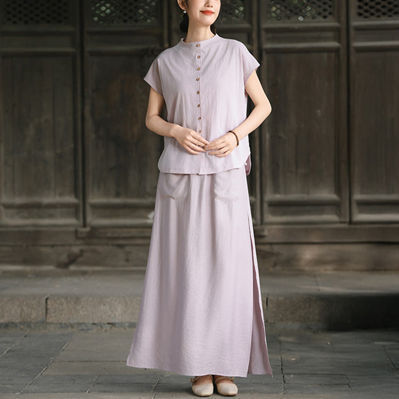 Conjunto de dos piezas de camisa de manga corta con botones y falda con bolsillos de algodón para meditación de mujer con Buddha Stones - image 2