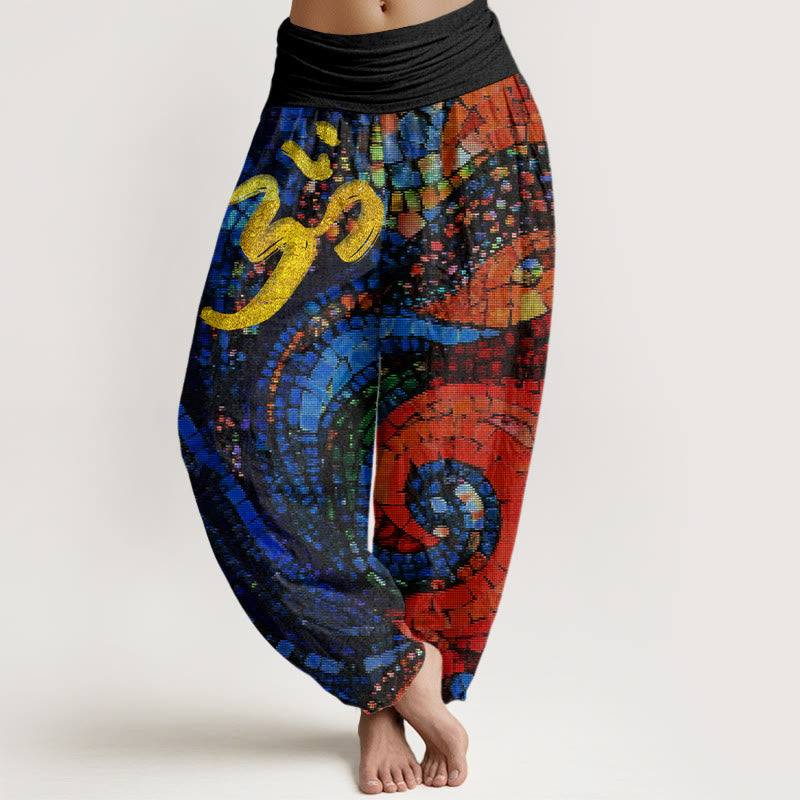 Pantalones harén con cintura elástica para mujer, informales, con diseño de mosaico y símbolo Om dorado de Buddha Stones - Negro - US22，UK/AU26，EU54 (6XL) - image 0