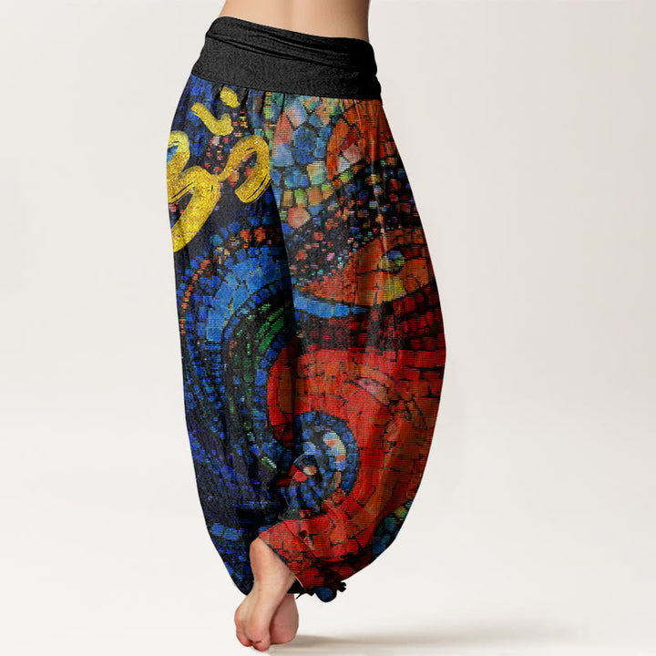Pantalones harén con cintura elástica para mujer, informales, con diseño de mosaico y símbolo Om dorado de Buddha Stones - image 1
