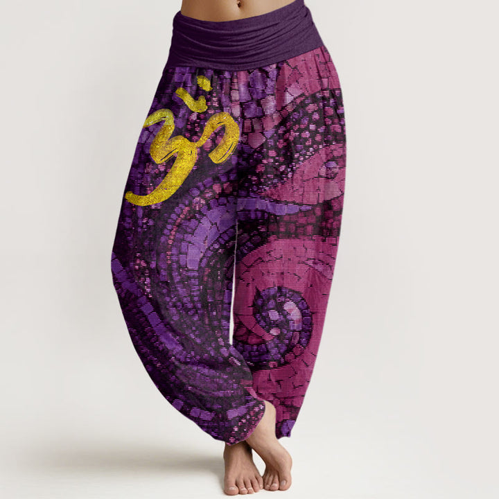 Pantalones harén con cintura elástica para mujer, informales, con diseño de mosaico y símbolo Om dorado de Buddha Stones - Magenta oscuro - US22，UK/AU26，EU54 (6XL) - image 4