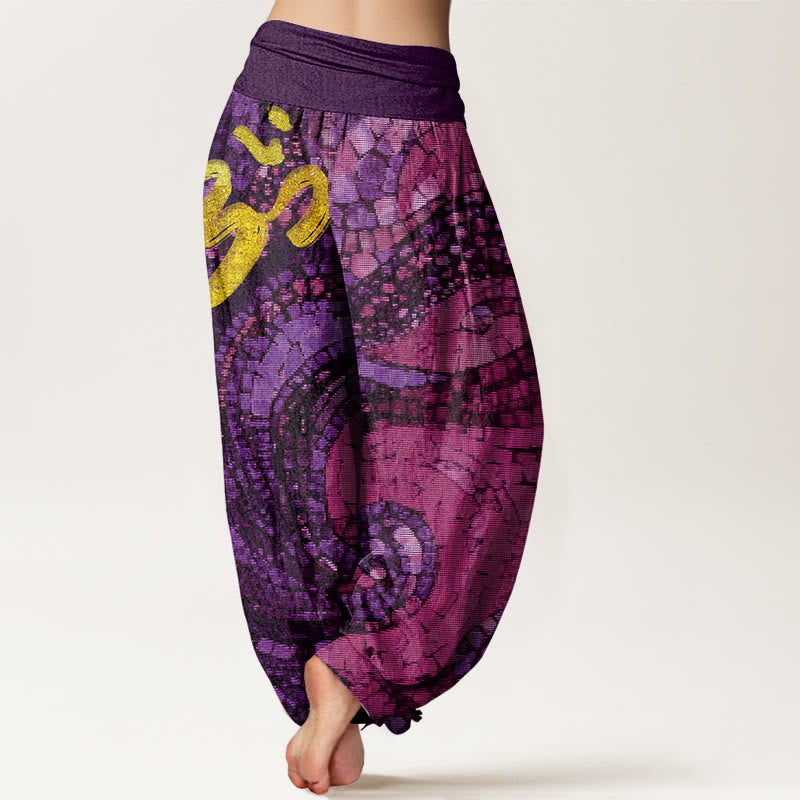 Pantalones harén con cintura elástica para mujer, informales, con diseño de mosaico y símbolo Om dorado de Buddha Stones - image 5