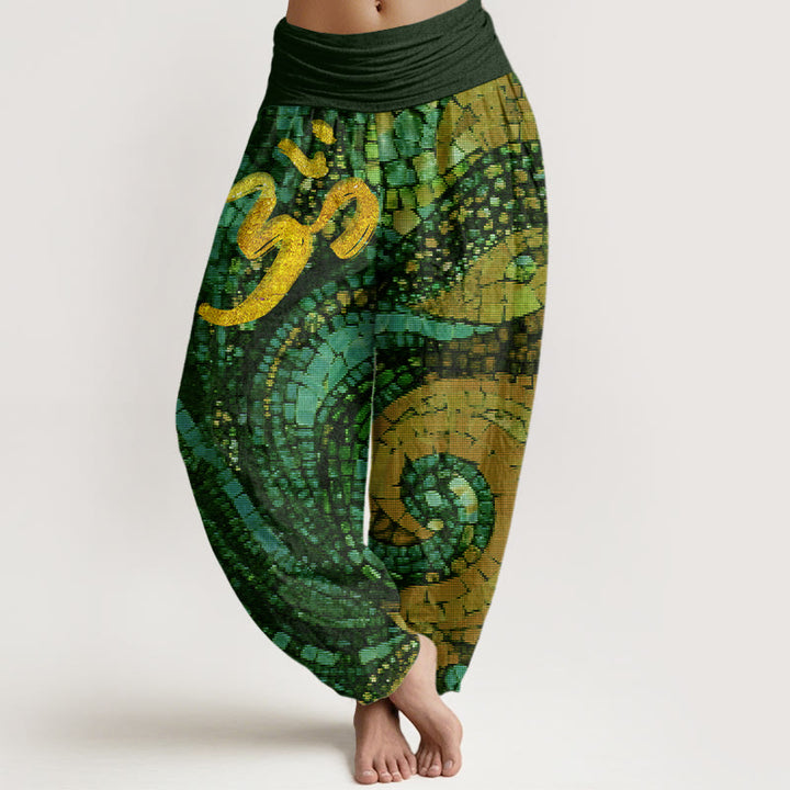 Pantalones harén con cintura elástica para mujer, informales, con diseño de mosaico y símbolo Om dorado de Buddha Stones - Verde bosque - US22，UK/AU26，EU54 (6XL) - image 8