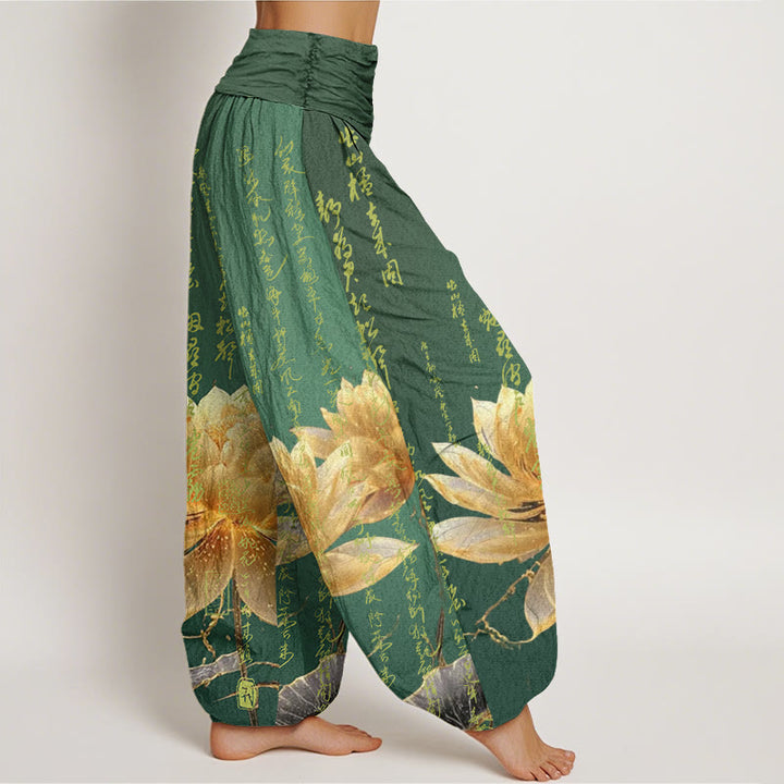 Pantalones harén de cintura elástica para mujer con estampado de caligrafía de loto y Buddha Stones - image 3