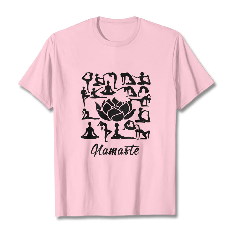 Camiseta informal con estampado de flores de loto y Buddha Stones, con diversas posturas de yoga - Rosa claro - 2XL - image 13