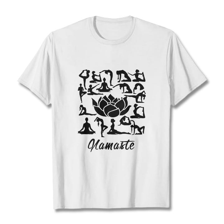 Camiseta informal con estampado de flores de loto y Buddha Stones, con diversas posturas de yoga - Blanco - 2XL - image 8