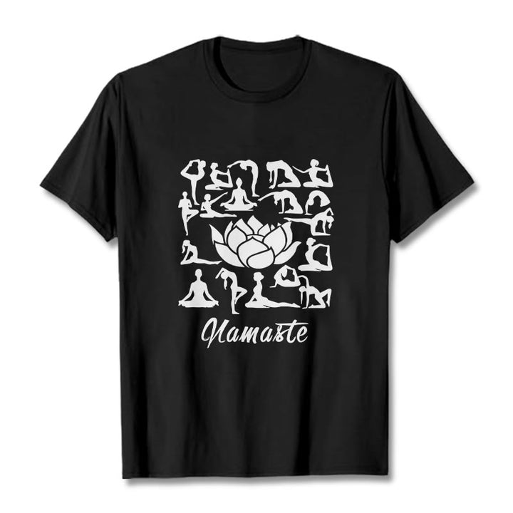 Camiseta informal con estampado de flores de loto y Buddha Stones, con diversas posturas de yoga - Negro - 2XL - image 4