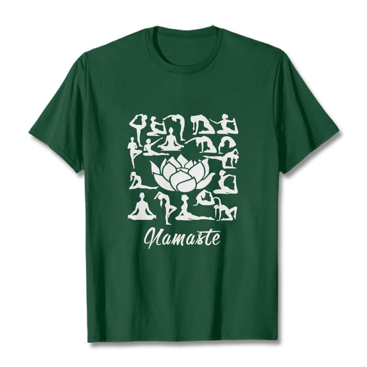 Camiseta informal con estampado de flores de loto y Buddha Stones, con diversas posturas de yoga - Verde bosque - 2XL - image 1
