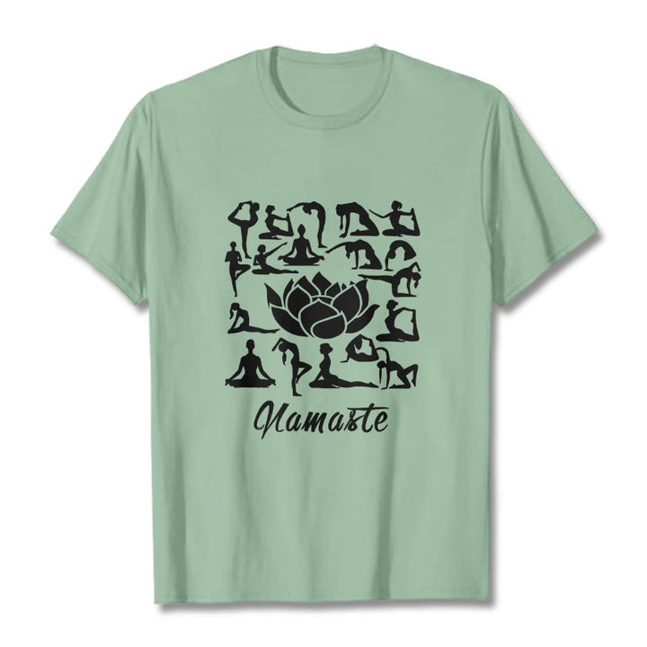 Camiseta informal con estampado de flores de loto y Buddha Stones, con diversas posturas de yoga - Verde pálido - 2XL - image 15