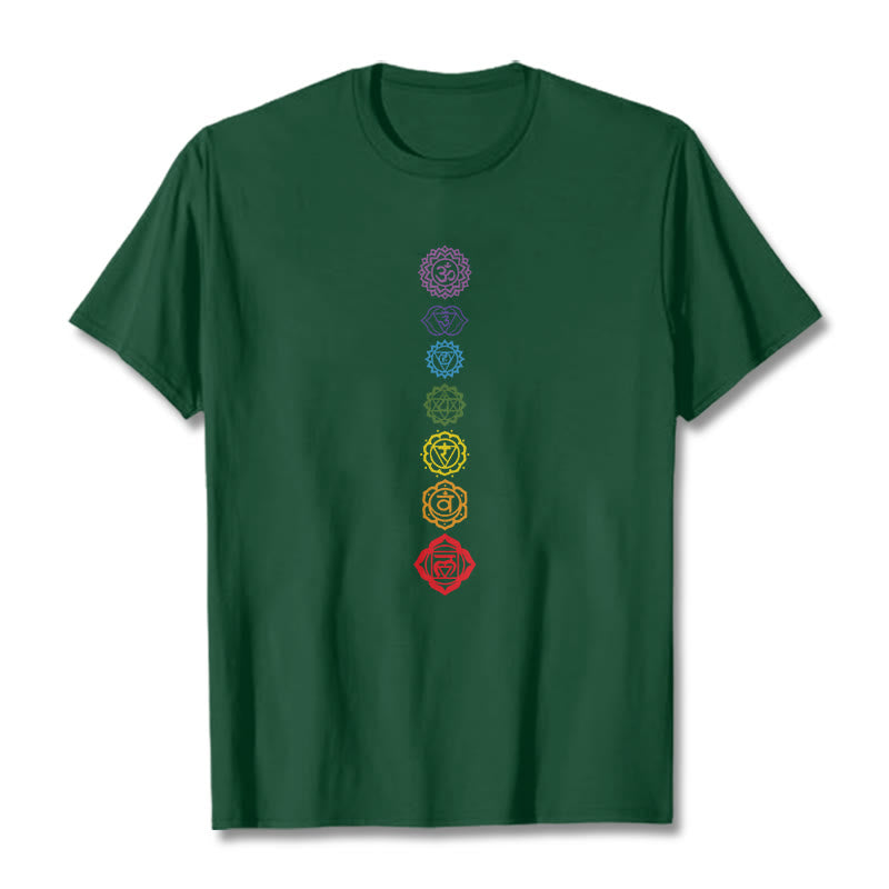Camiseta informal con diseño de Om Mani Padme Hum y círculos coloridos de Buddha Stones - Verde bosque - 2XL - image 11