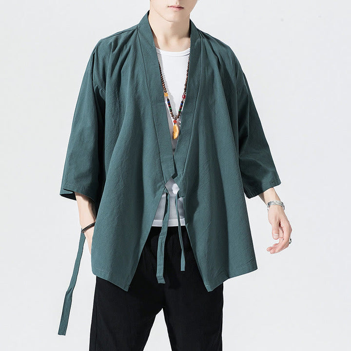 Traje Tang con Buddha Stones, chaqueta abierta frontal, kimono de algodón y lino para hombre con mangas tres cuartos - Cian oscuro - US/UK/AU48，EU58(5XL) - image 1