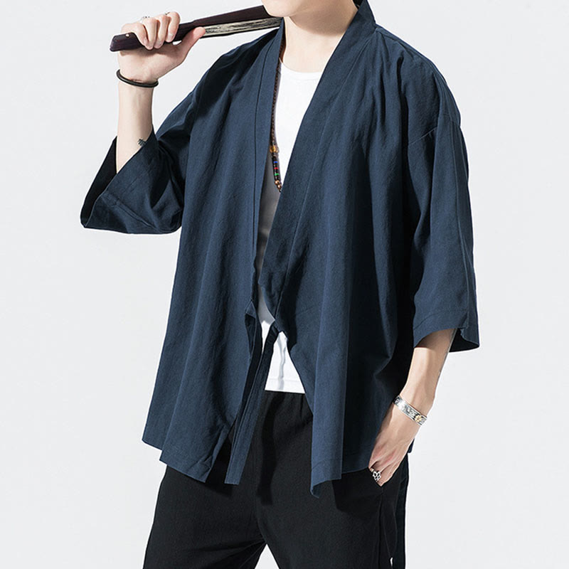 Traje Tang con Buddha Stones, chaqueta abierta frontal, kimono de algodón y lino para hombre con mangas tres cuartos - image 8