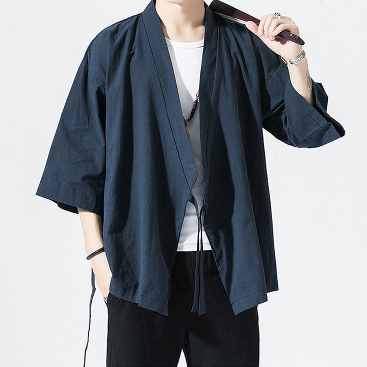 Traje Tang con Buddha Stones, chaqueta abierta frontal, kimono de algodón y lino para hombre con mangas tres cuartos - image 9
