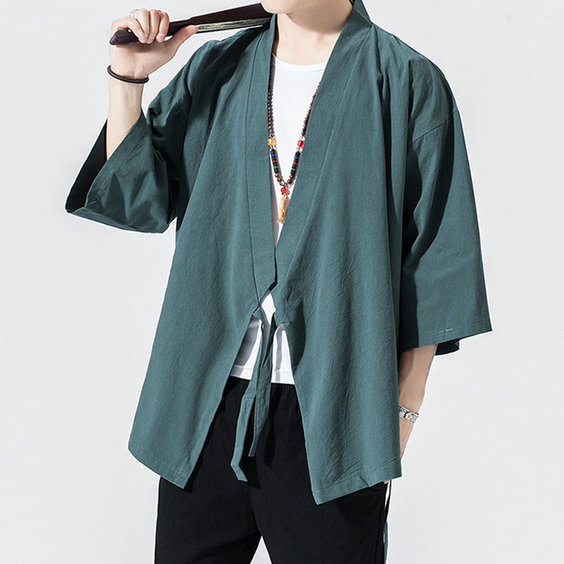 Traje Tang con Buddha Stones, chaqueta abierta frontal, kimono de algodón y lino para hombre con mangas tres cuartos - image 3