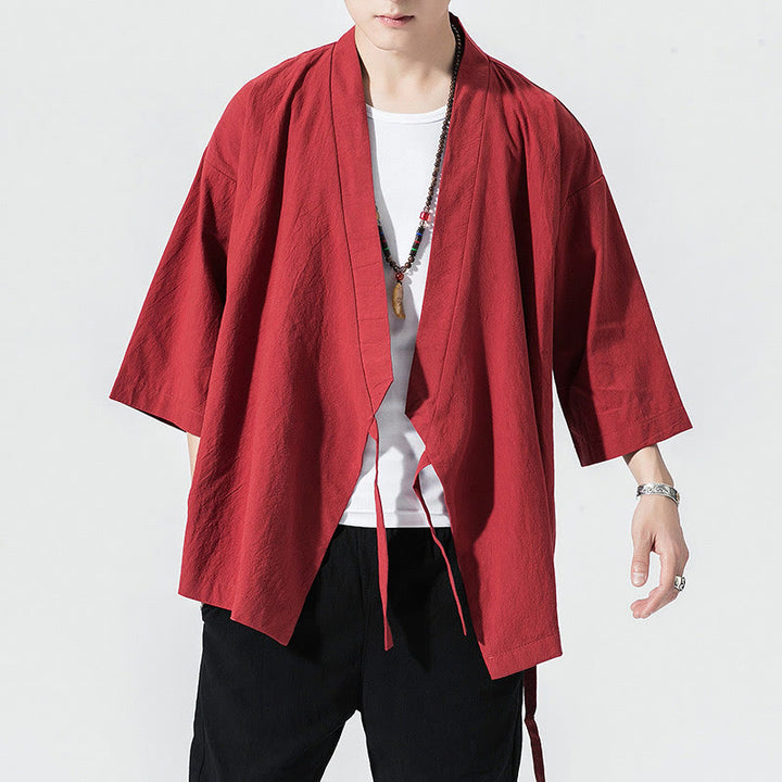 Traje Tang con Buddha Stones, chaqueta abierta frontal, kimono de algodón y lino para hombre con mangas tres cuartos - Carmesí - US/UK/AU48，EU58(5XL) - image 4