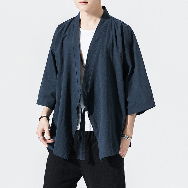 Traje Tang con Buddha Stones, chaqueta abierta frontal, kimono de algodón y lino para hombre con mangas tres cuartos - Azul medianoche - US/UK/AU48，EU58(5XL) - image 7