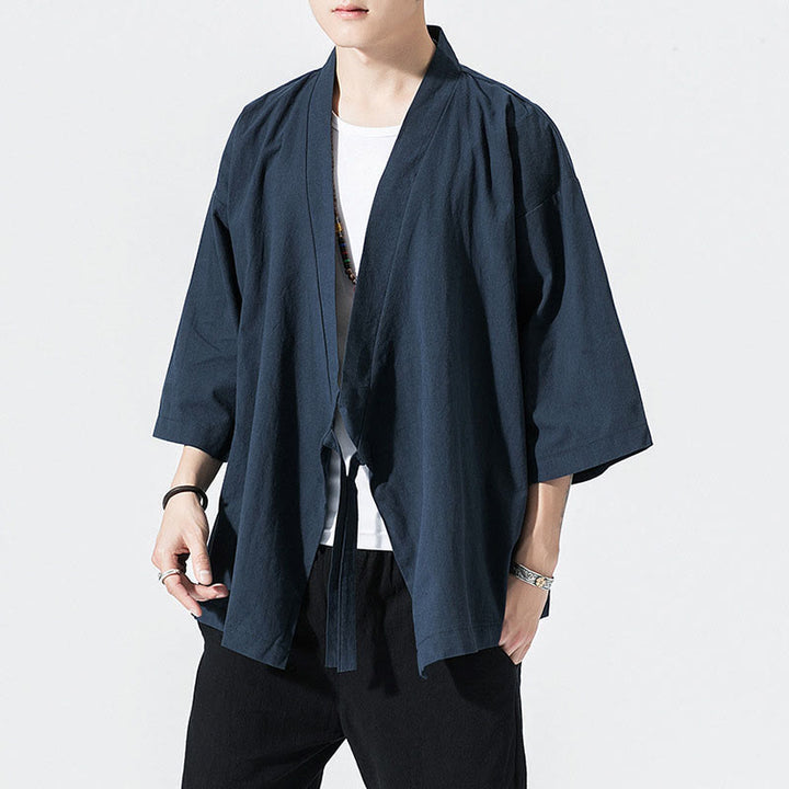 Traje Tang con Buddha Stones, chaqueta abierta frontal, kimono de algodón y lino para hombre con mangas tres cuartos - Azul medianoche - US/UK/AU48，EU58(5XL) - image 6