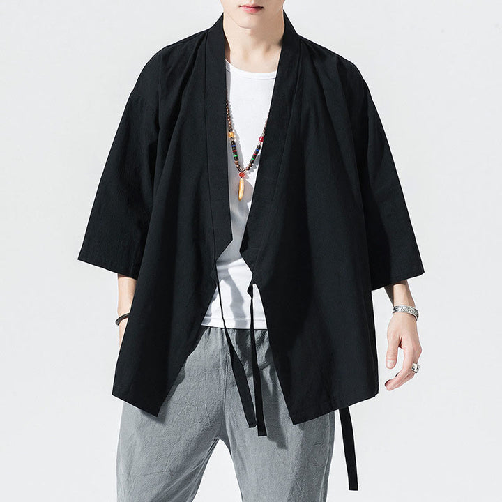 Traje Tang con Buddha Stones, chaqueta abierta frontal, kimono de algodón y lino para hombre con mangas tres cuartos - image 11