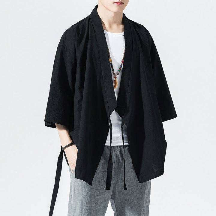Traje Tang con Buddha Stones, chaqueta abierta frontal, kimono de algodón y lino para hombre con mangas tres cuartos - Negro - US/UK/AU48，EU58(5XL) - image 10