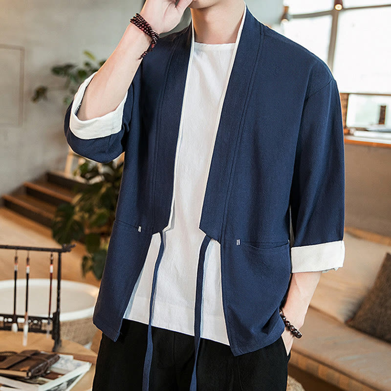 Chaqueta estilo kimono de lino y algodón con cordones y diseño de Buddha Stones para hombre, manga tres cuartos y bolsillos - image 2