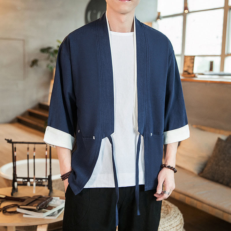 Chaqueta estilo kimono de lino y algodón con cordones y diseño de Buddha Stones para hombre, manga tres cuartos y bolsillos - Azul oscuro - US/UK/AU46, EU56 (5XL) - image 1