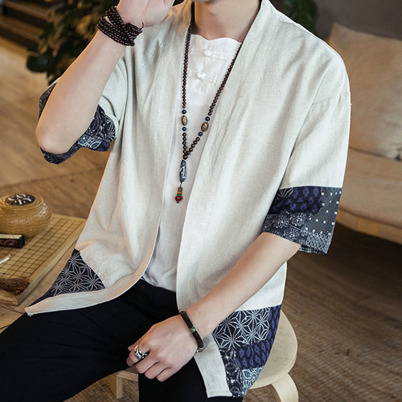 Chaqueta tipo kimono de algodón y lino para hombre, con estampado étnico de Buddha Stones y retazos, de media manga y abertura frontal. - image 17
