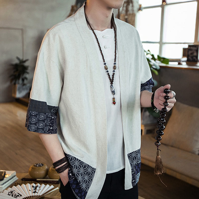 Chaqueta tipo kimono de algodón y lino para hombre, con estampado étnico de Buddha Stones y retazos, de media manga y abertura frontal. - image 12