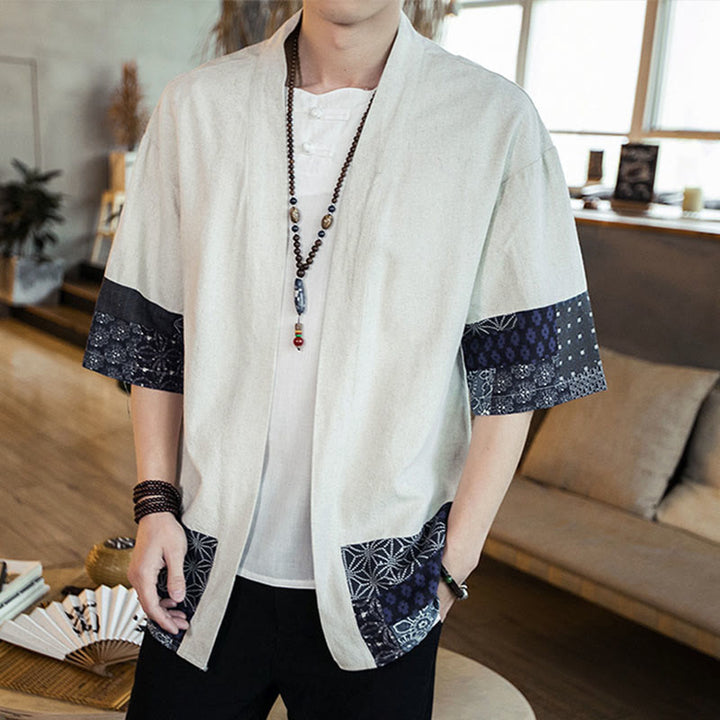 Chaqueta tipo kimono de algodón y lino para hombre, con estampado étnico de Buddha Stones y retazos, de media manga y abertura frontal. - image 13