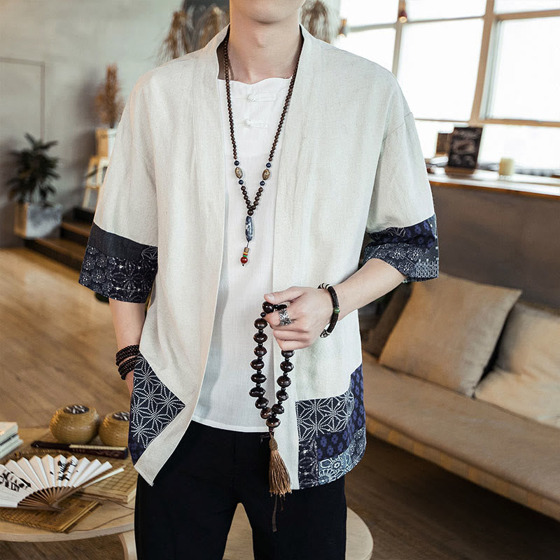 Chaqueta tipo kimono de algodón y lino para hombre, con estampado étnico de Buddha Stones y retazos, de media manga y abertura frontal. - Lino - US/UK/AU46, EU56 (5XL) - image 10