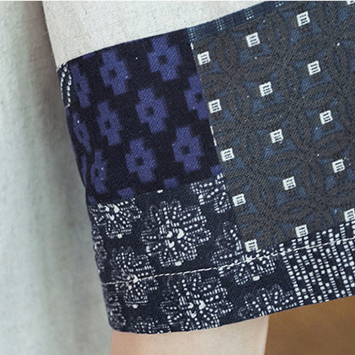 Chaqueta tipo kimono de algodón y lino para hombre, con estampado étnico de Buddha Stones y retazos, de media manga y abertura frontal. - image 20