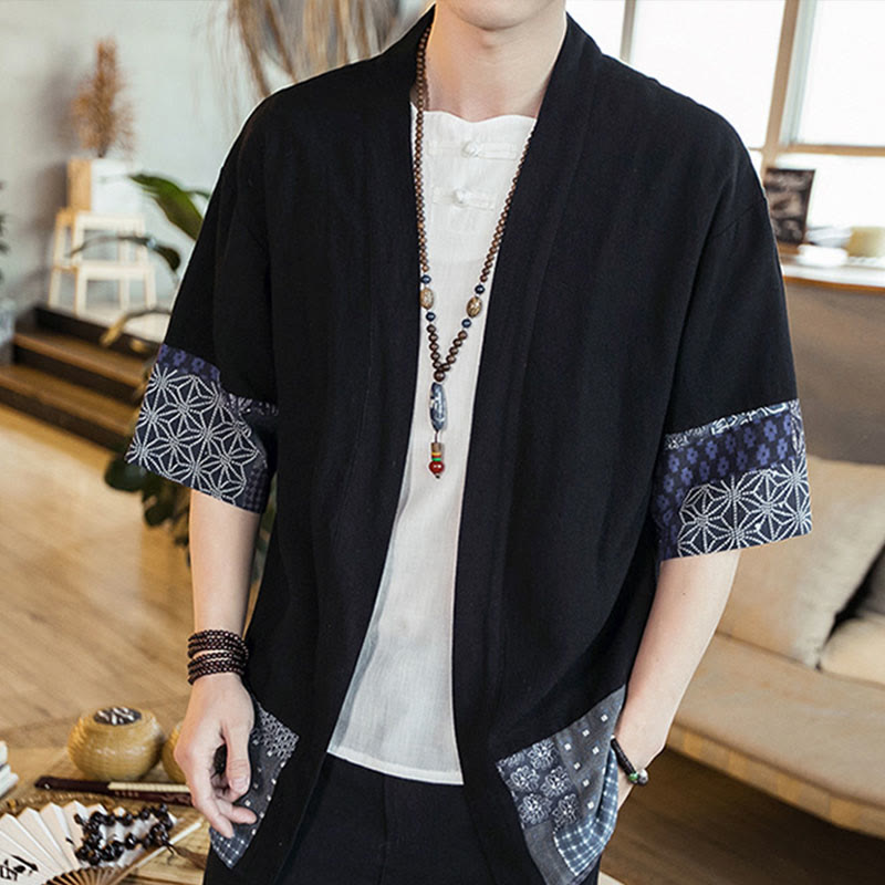 Chaqueta tipo kimono de algodón y lino para hombre, con estampado étnico de Buddha Stones y retazos, de media manga y abertura frontal. - image 3