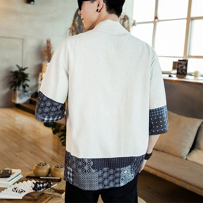 Chaqueta tipo kimono de algodón y lino para hombre, con estampado étnico de Buddha Stones y retazos, de media manga y abertura frontal. - image 15