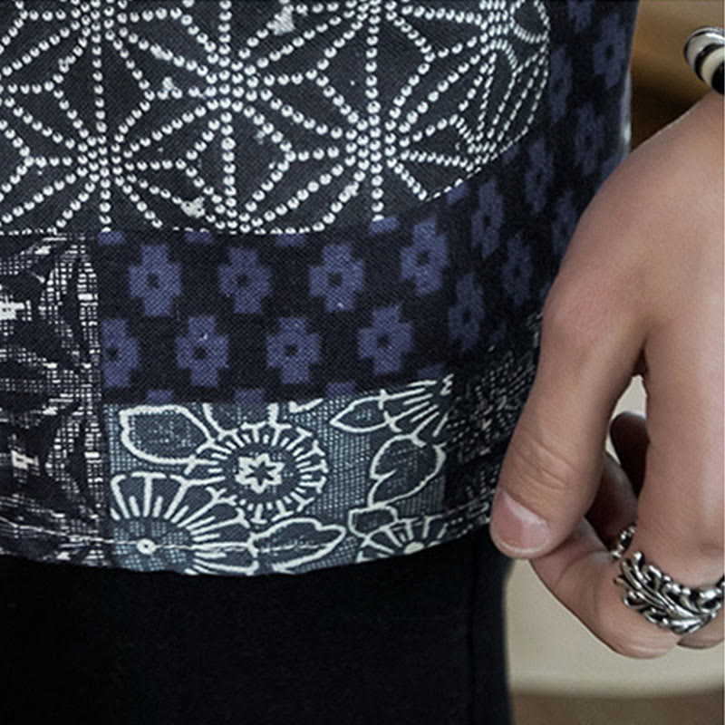 Chaqueta tipo kimono de algodón y lino para hombre, con estampado étnico de Buddha Stones y retazos, de media manga y abertura frontal. - image 9