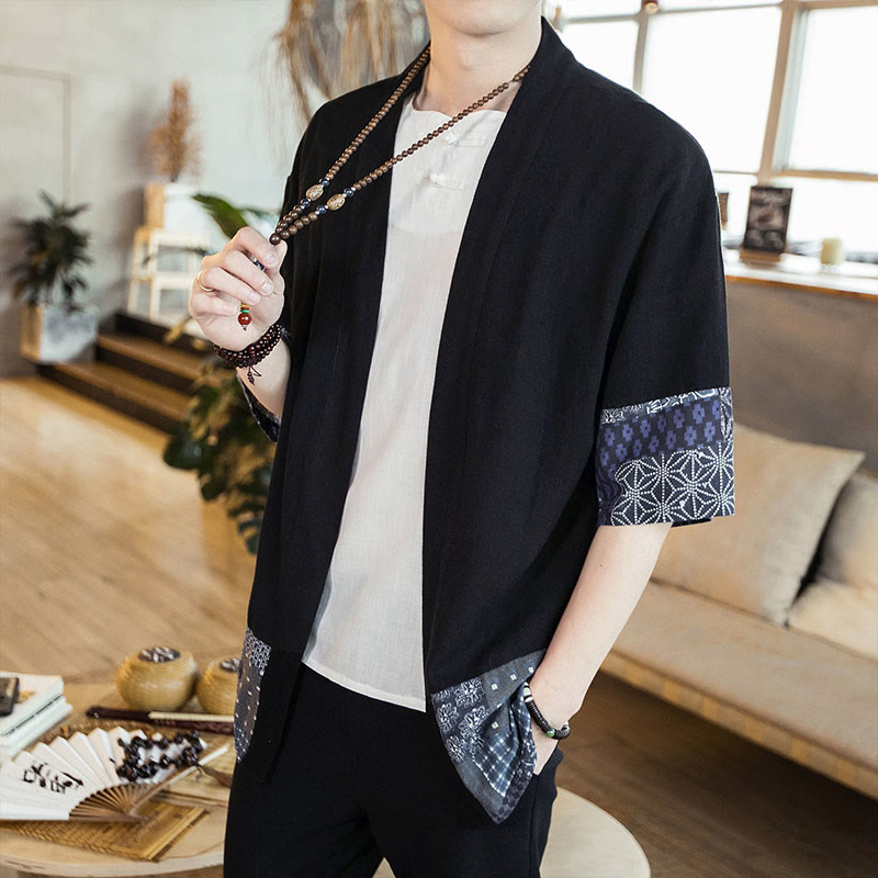 Chaqueta tipo kimono de algodón y lino para hombre, con estampado étnico de Buddha Stones y retazos, de media manga y abertura frontal. - image 2