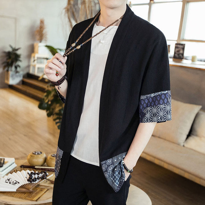 Chaqueta tipo kimono de algodón y lino para hombre, con estampado étnico de Buddha Stones y retazos, de media manga y abertura frontal. - image 2