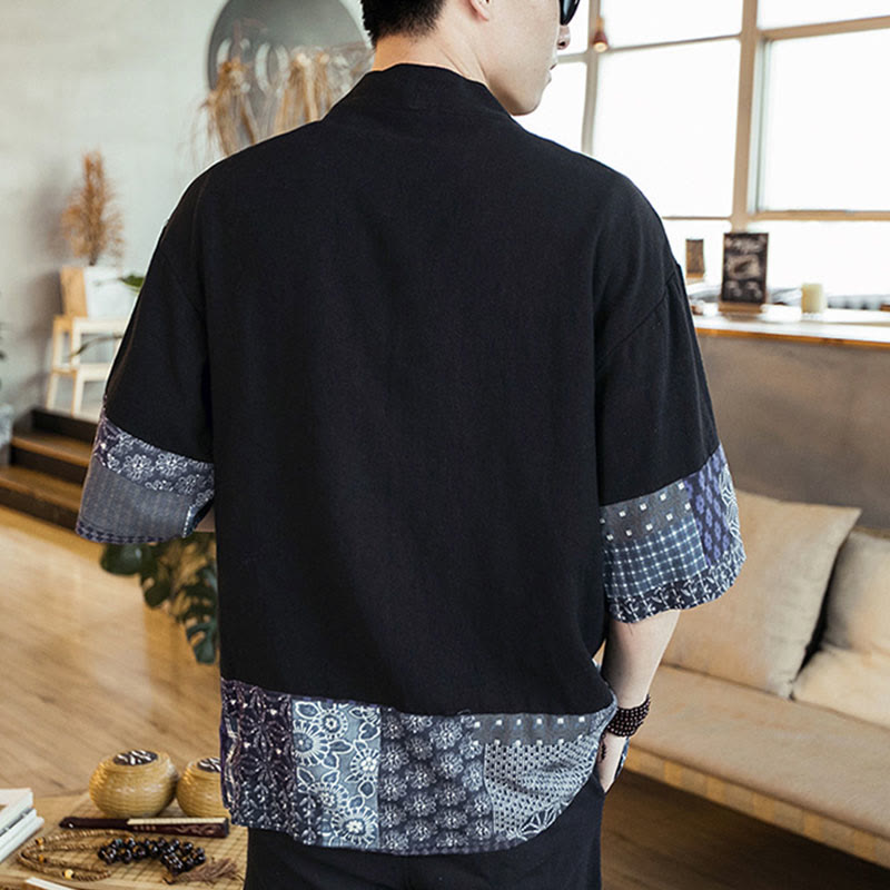Chaqueta tipo kimono de algodón y lino para hombre, con estampado étnico de Buddha Stones y retazos, de media manga y abertura frontal. - image 4
