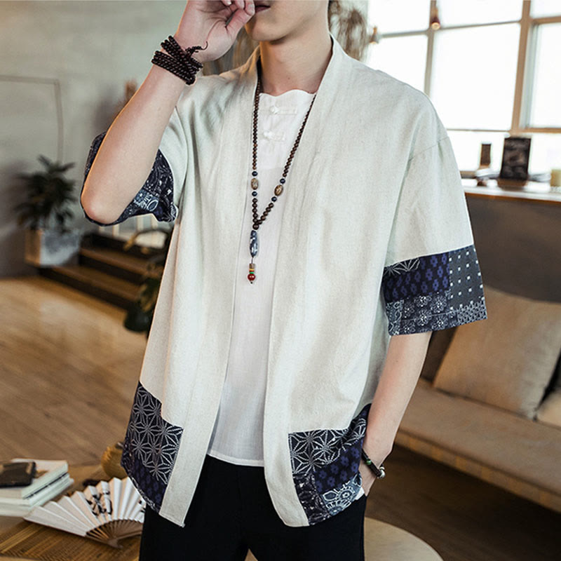 Chaqueta tipo kimono de algodón y lino para hombre, con estampado étnico de Buddha Stones y retazos, de media manga y abertura frontal. - image 14