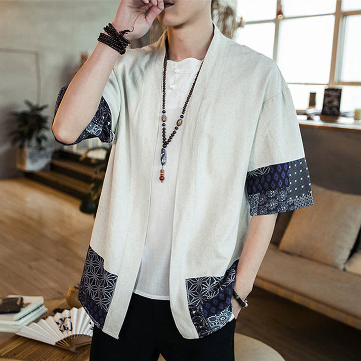 Chaqueta tipo kimono de algodón y lino para hombre, con estampado étnico de Buddha Stones y retazos, de media manga y abertura frontal. - image 14