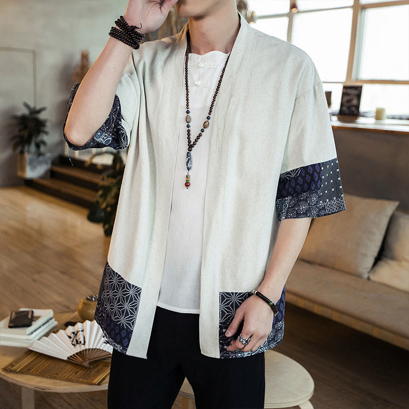 Chaqueta tipo kimono de algodón y lino para hombre, con estampado étnico de Buddha Stones y retazos, de media manga y abertura frontal. - image 16