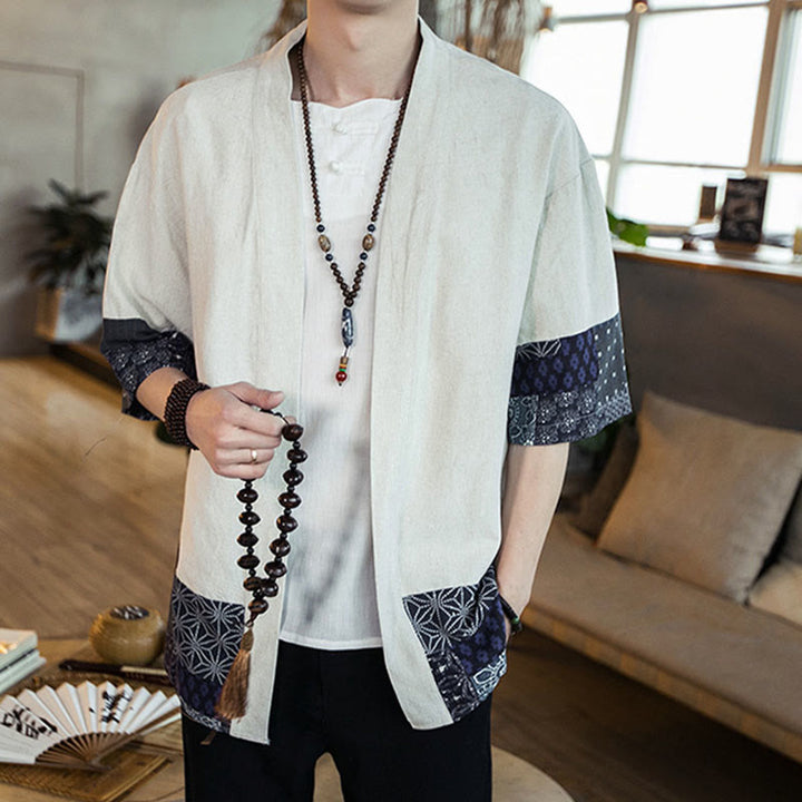 Chaqueta tipo kimono de algodón y lino para hombre, con estampado étnico de Buddha Stones y retazos, de media manga y abertura frontal. - image 11
