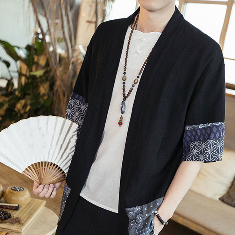Chaqueta tipo kimono de algodón y lino para hombre, con estampado étnico de Buddha Stones y retazos, de media manga y abertura frontal. - image 6