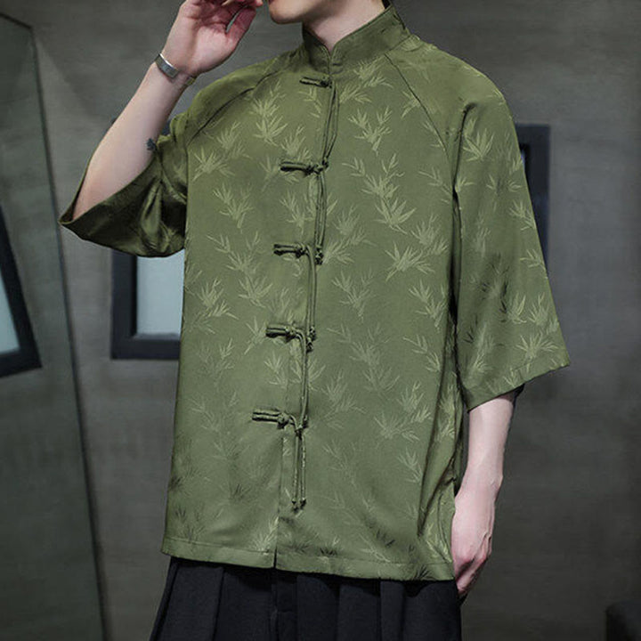 Camisa de algodón para hombre con traje Tang de manga tres cuartos y botones de rana de bambú y jacquard con Buddha Stones - image 19