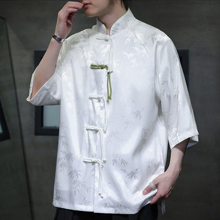 Camisa de algodón para hombre con traje Tang de manga tres cuartos y botones de rana de bambú y jacquard con Buddha Stones - image 13