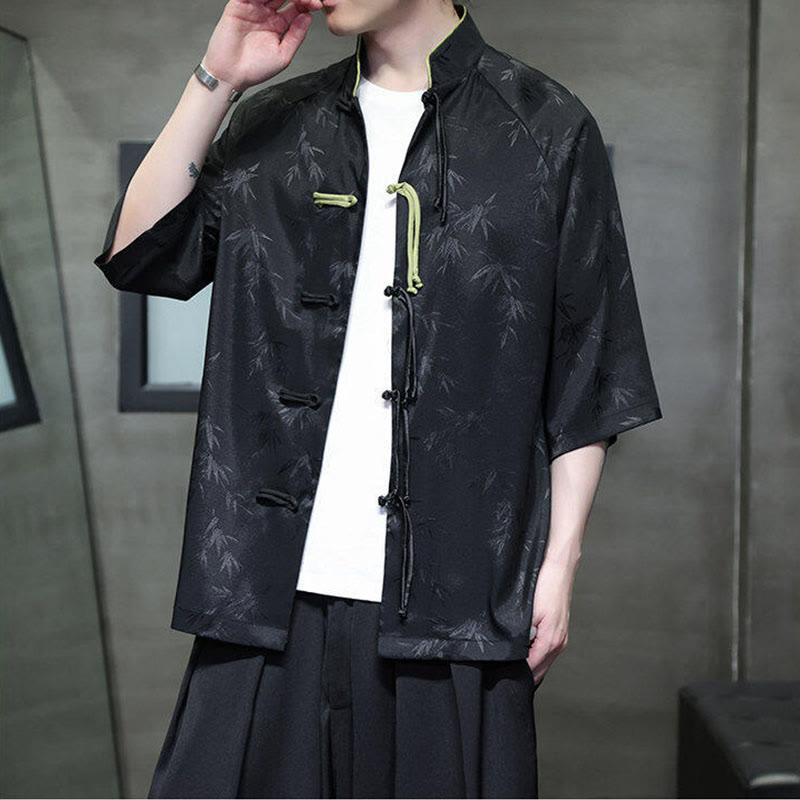 Camisa de algodón para hombre con traje Tang de manga tres cuartos y botones de rana de bambú y jacquard con Buddha Stones - image 2