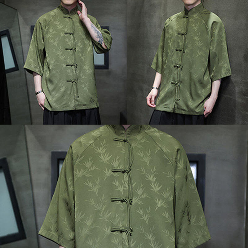 Camisa de algodón para hombre con traje Tang de manga tres cuartos y botones de rana de bambú y jacquard con Buddha Stones - image 25