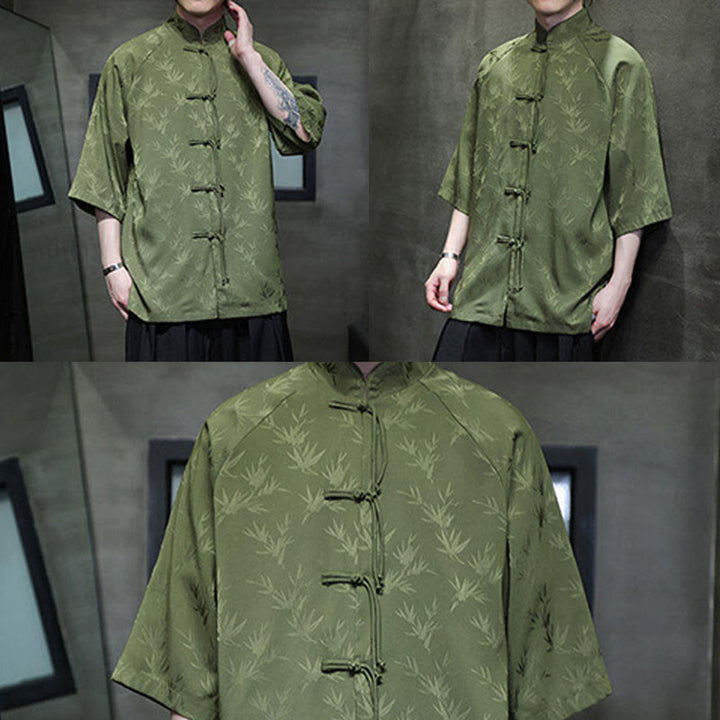 Camisa de algodón para hombre con traje Tang de manga tres cuartos y botones de rana de bambú y jacquard con Buddha Stones - image 25