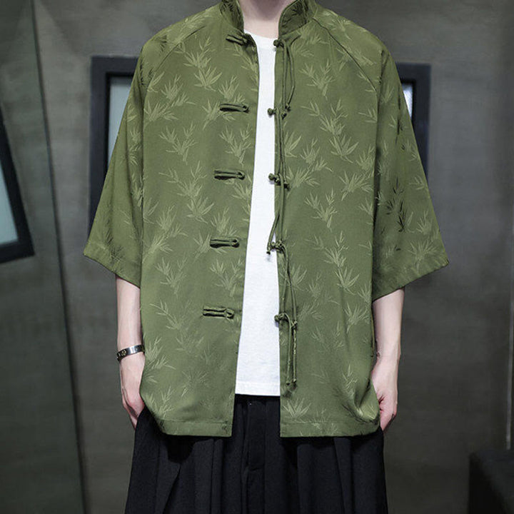 Camisa de algodón para hombre con traje Tang de manga tres cuartos y botones de rana de bambú y jacquard con Buddha Stones - image 24