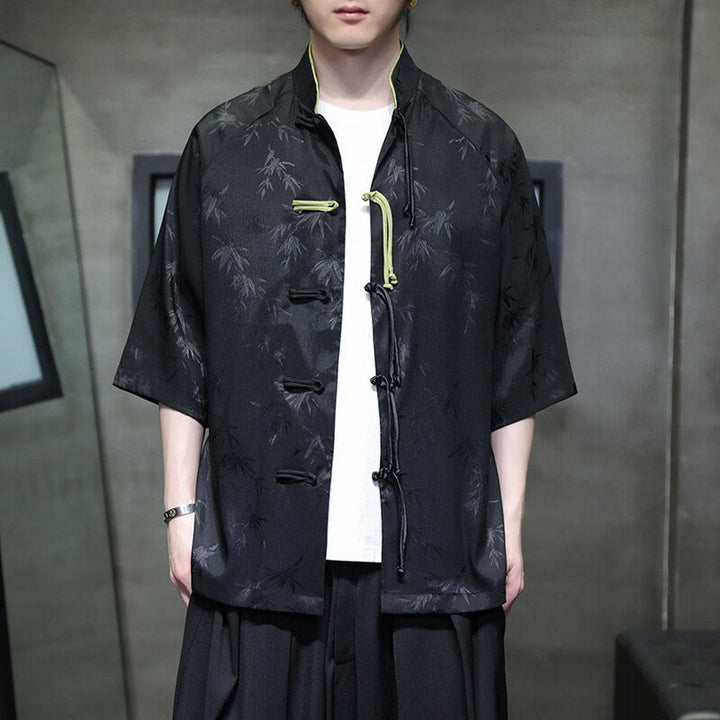 Camisa de algodón para hombre con traje Tang de manga tres cuartos y botones de rana de bambú y jacquard con Buddha Stones - Negro - US/UK/AU46, EU56 (5XL) - image 1